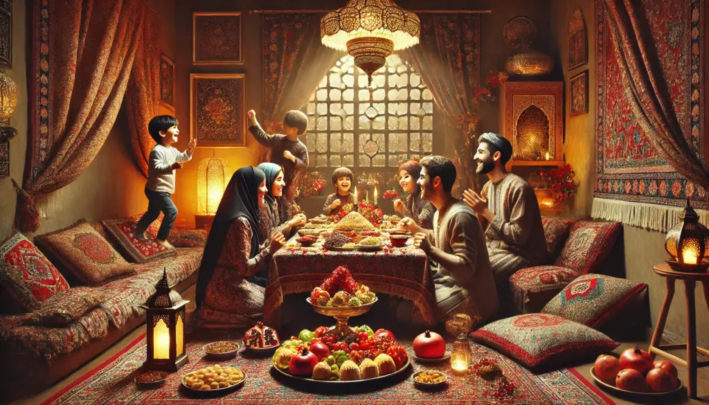 DALL·E 2024 12 16 12.52.00 A cozy Iranian family gathering for Yalda Night set in a warm traditionally decorated room. The scene includes a beautiful sofreh table spread ado